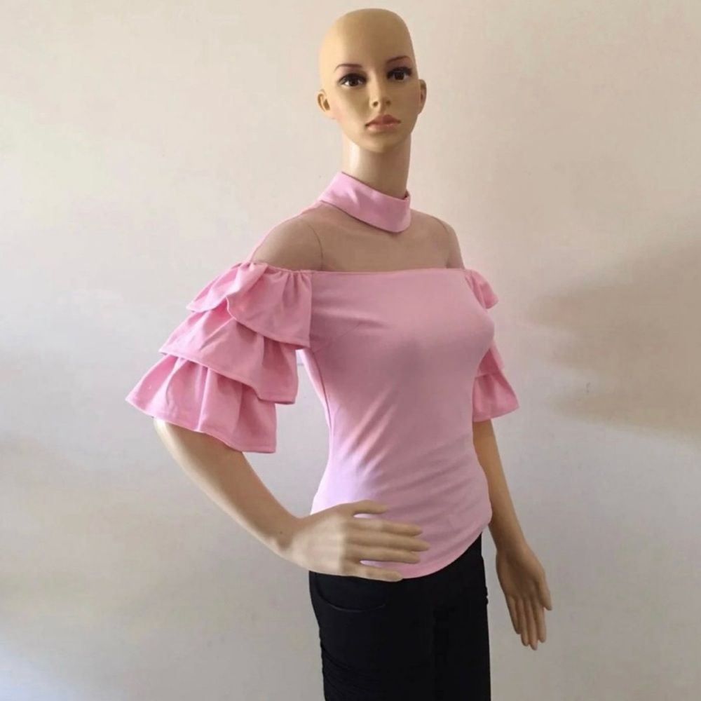 Elegant Pink Off-Shoulder Ruffle Sleeve Top